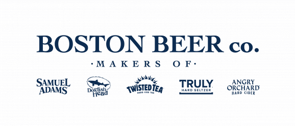 Boston Beer Company logos with Samuel Adams logo, Dogfish Head logo, Twisted Tea logo, Truly Hard Seltzer log and Angry Orchard Hard Cider logo